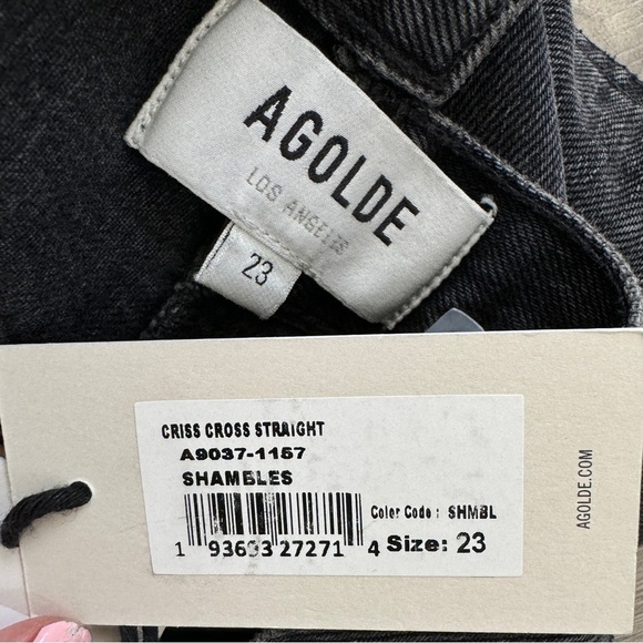 Agolde Crisscross Straight Jeans Raw Hem Organic Cotton Denim Shambles Black 23 - Picture 5 of 6